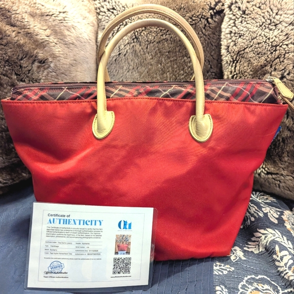 ‼️LAST CALL‼️ BURBERRY RED PLAID MEDIUM NYLON TOTE WITH COA - Picture 1 of 16